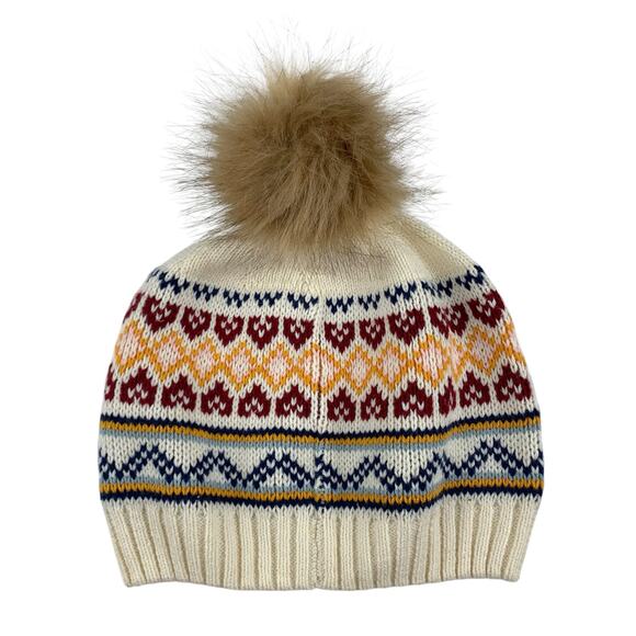 Hanna Andersson Pom Pom Hat Knit Beanie Cream Faux Fur Girls M - Picture 1 of 6